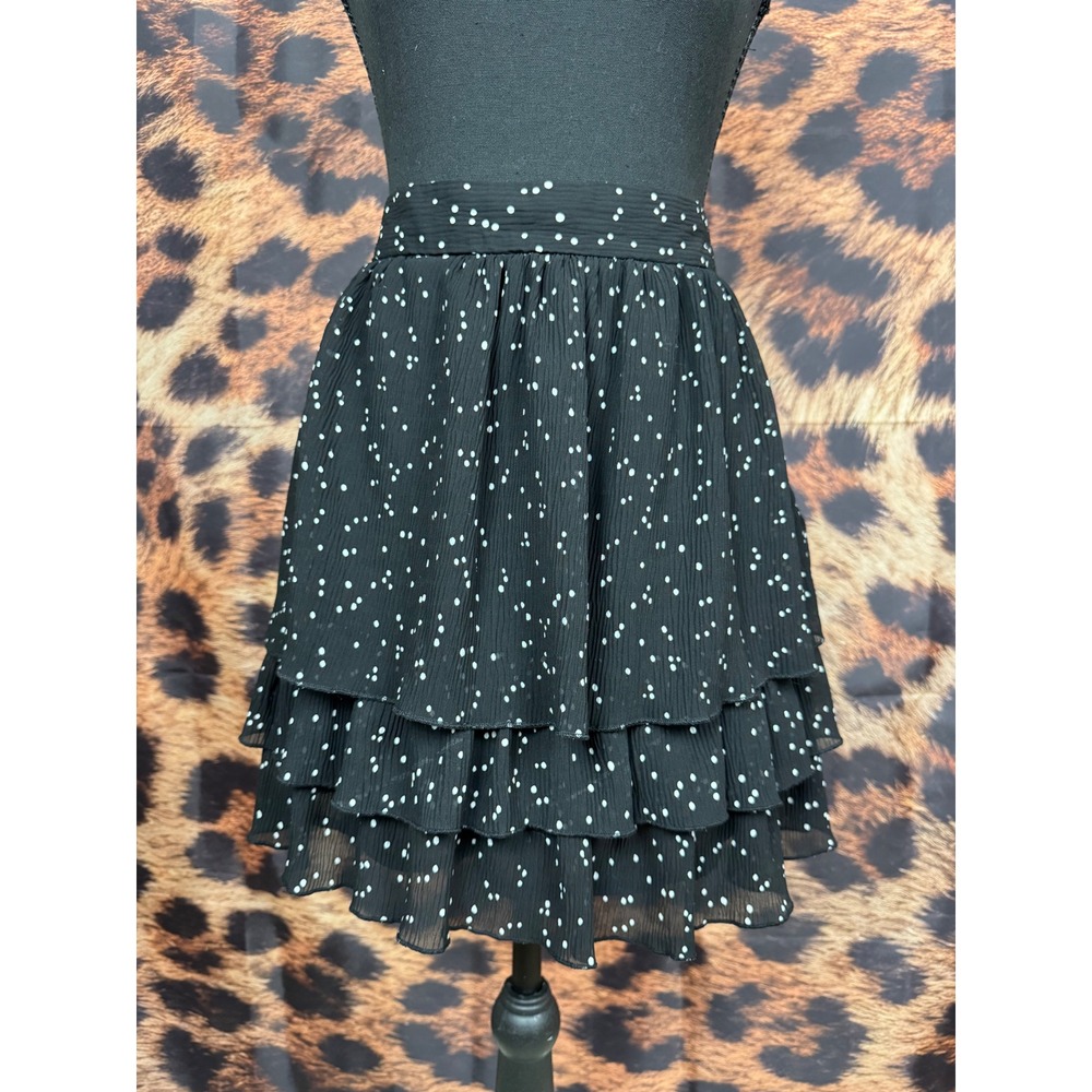 Black Polka Dot Tiered Ruffle Pleated Chiffon Mini Skirt Black White